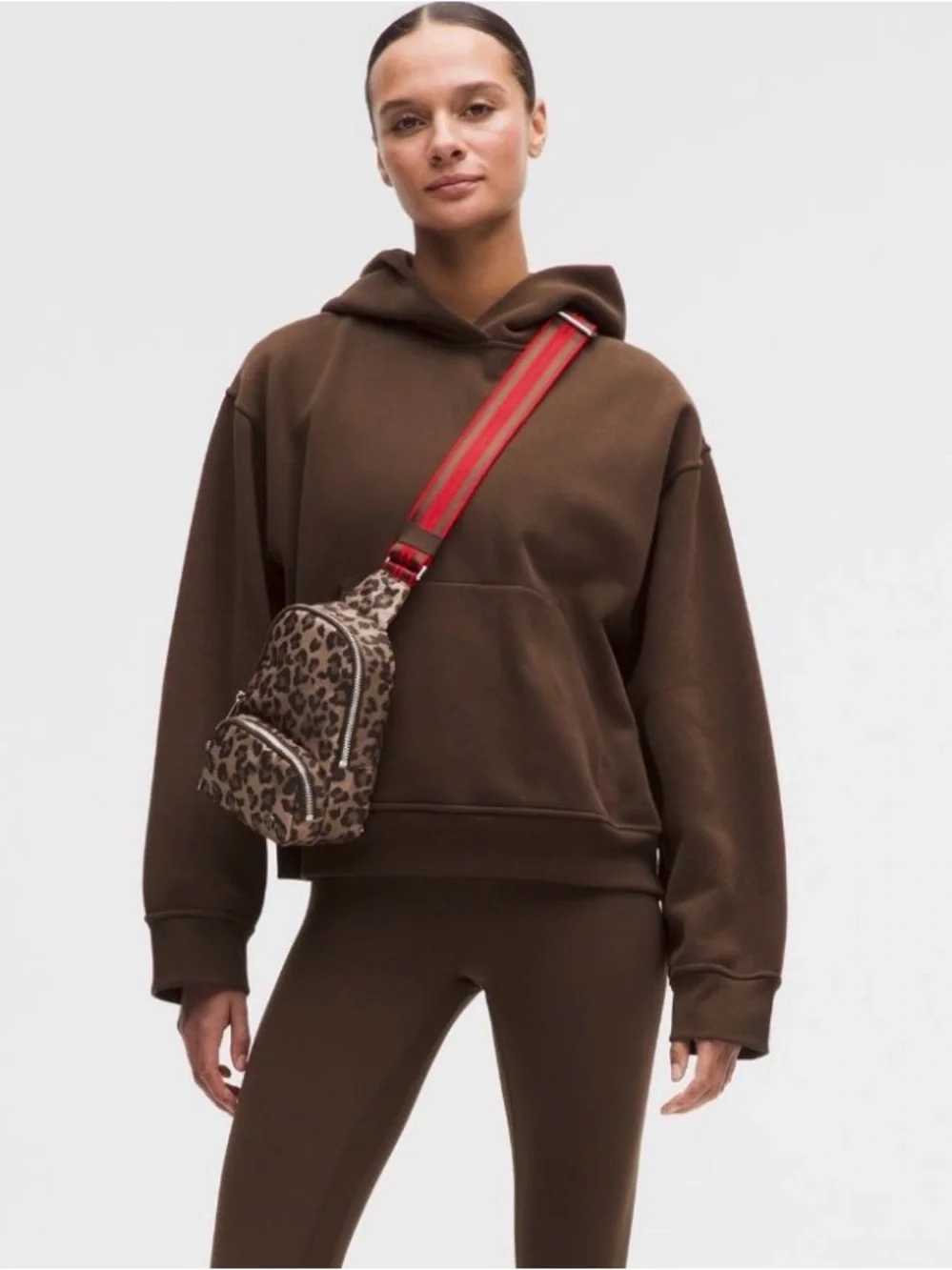 lululemon athletica Leopard Print Crossbody Sling Bag with Red Strap